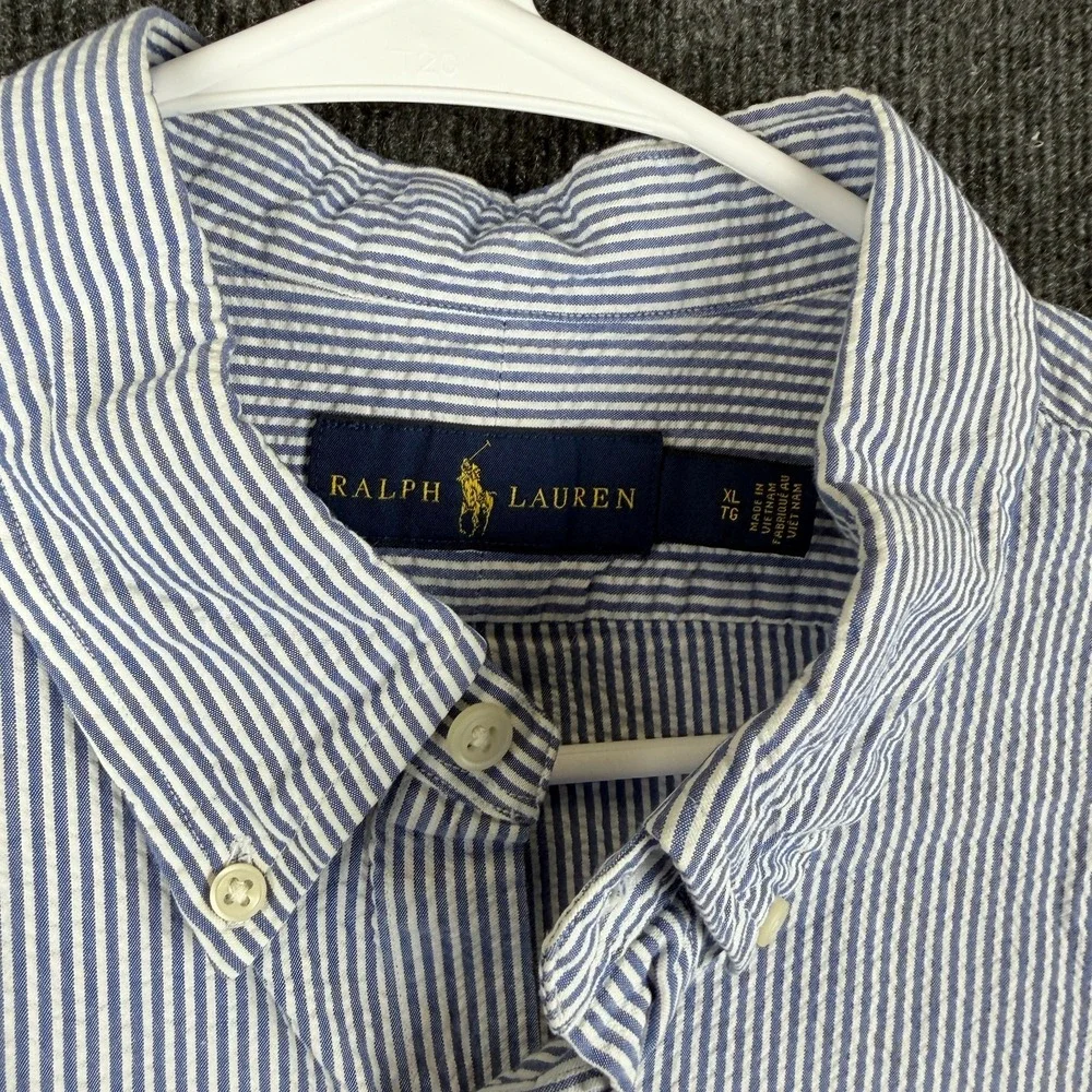 Polo Ralph Lauren Shirt Mens XL Blue White Striped‎ Seersucker SS Button Down